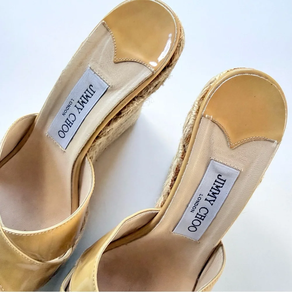 Jimmy Choo Patent Leather Espadrille Wedge Sandals Tan Camel 39